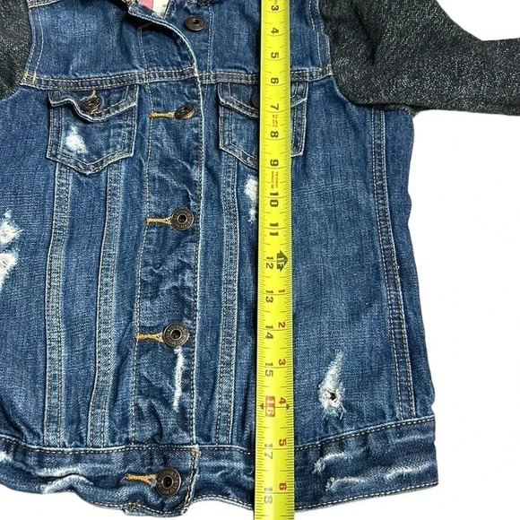 Abercrombie kids M/12, denim jacket. Distressed,multi  media,hood,back to school - Picture 7 of 10